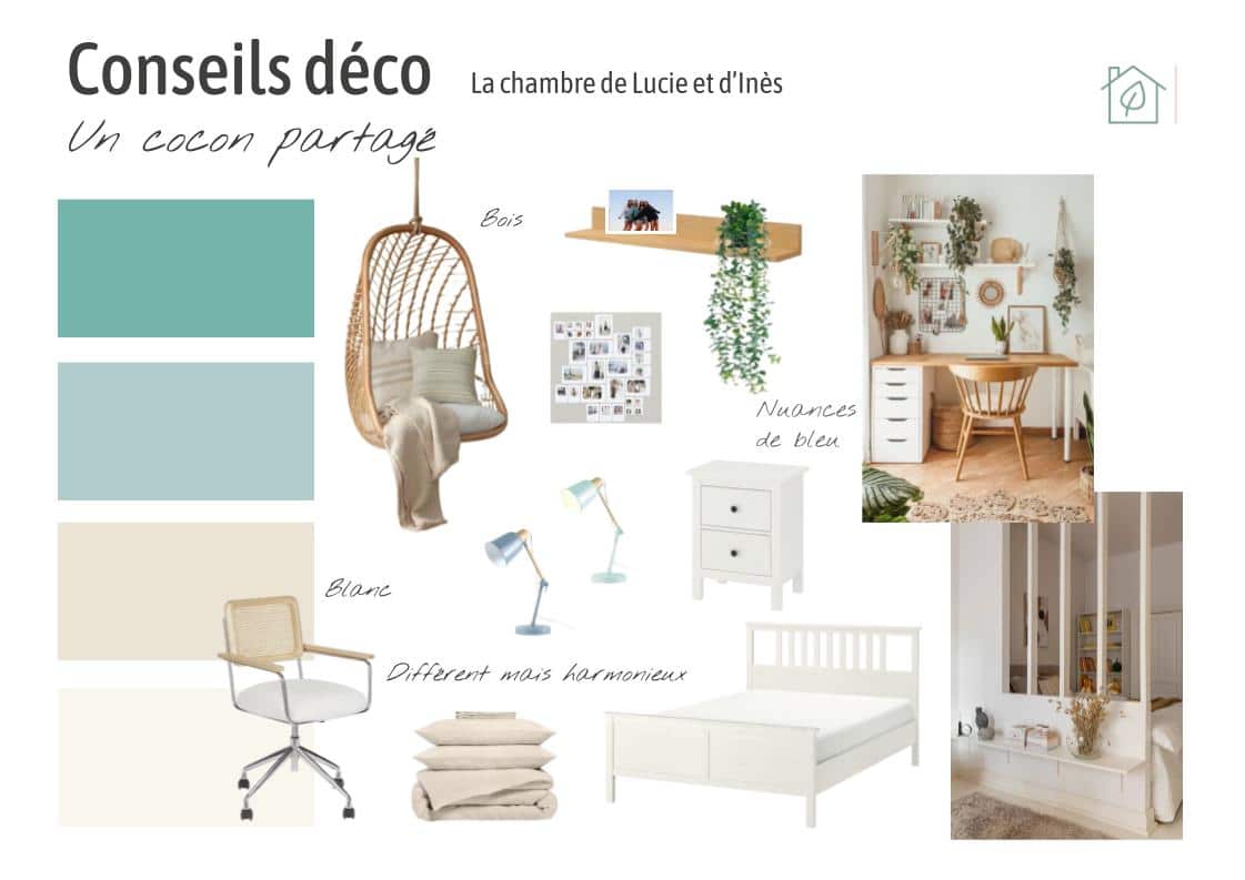 planche-ambiance-coaching-maison-habiter-en-harmonie Planche d'ambiance dans des tons naturels de bleu, turquoise et sable pour une chambre partagée. Mobilier blanc et bois.
